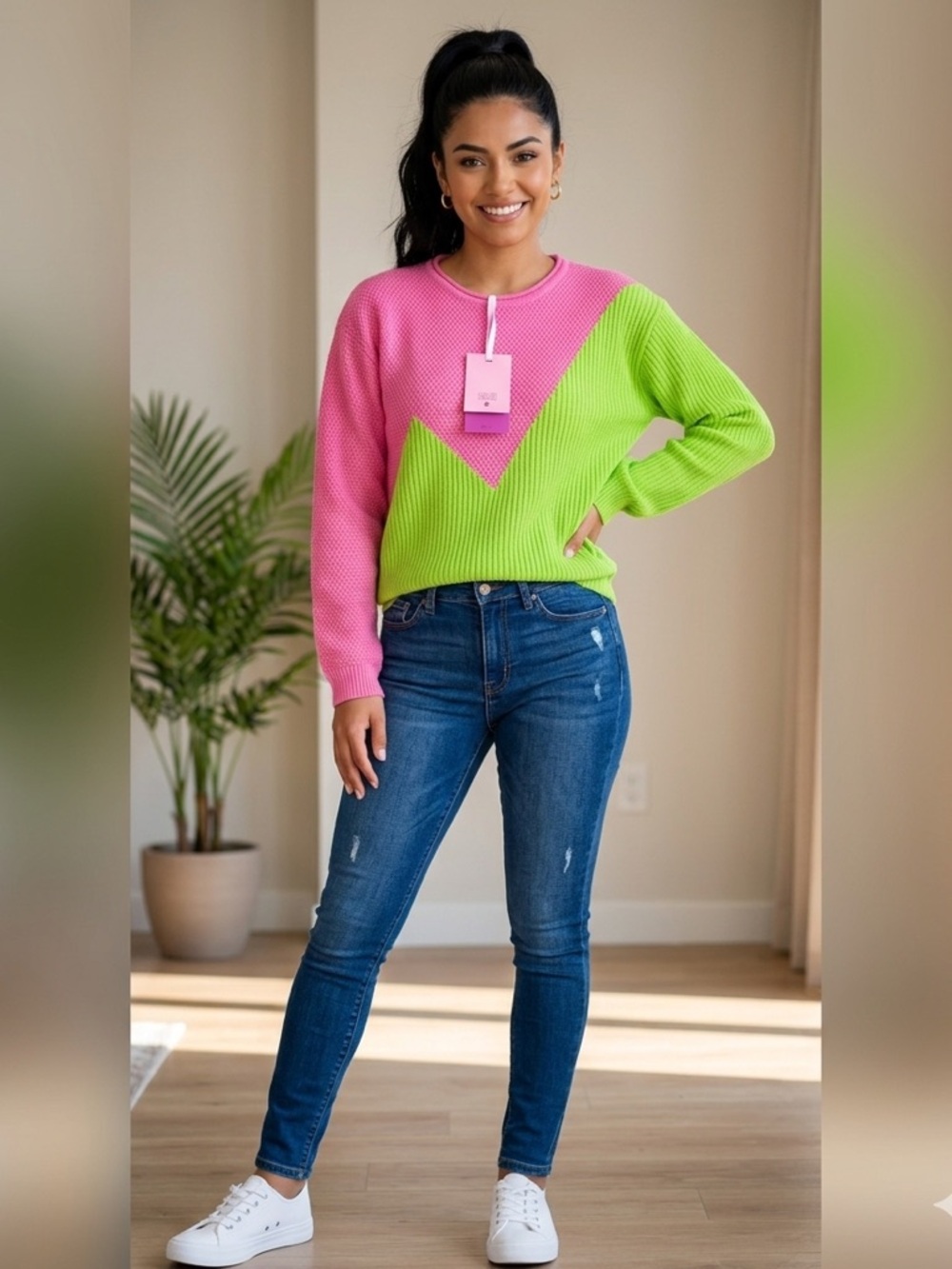 Victor Glemaud  Pink and Green Crew Neck Sweater